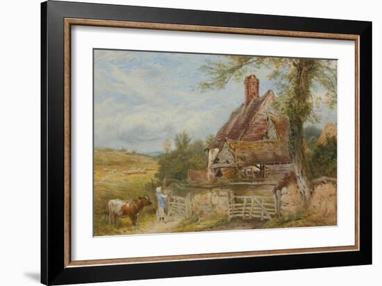 Landscape with Cottage, Girl and Cow (Bodycolour and Pencil on Paper, Pasted on Card)-Myles Birket Foster-Framed Giclee Print