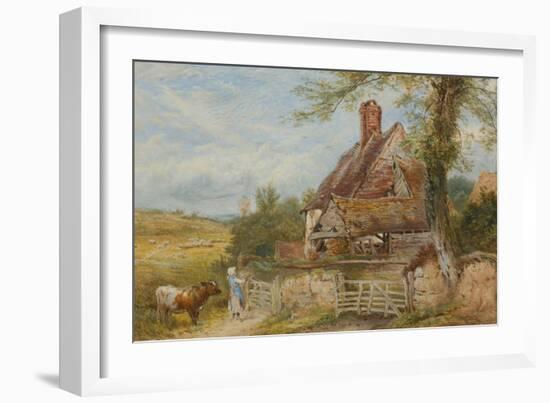 Landscape with Cottage, Girl and Cow (Bodycolour and Pencil on Paper, Pasted on Card)-Myles Birket Foster-Framed Giclee Print