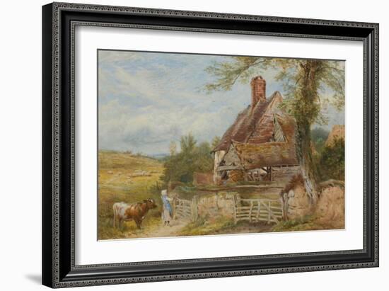 Landscape with Cottage, Girl and Cow (Bodycolour and Pencil on Paper, Pasted on Card)-Myles Birket Foster-Framed Giclee Print