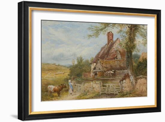 Landscape with Cottage, Girl and Cow (Bodycolour and Pencil on Paper, Pasted on Card)-Myles Birket Foster-Framed Giclee Print