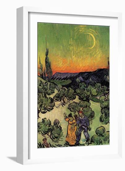 Landscape with Couple Walking and Crescent Moon-Vincent van Gogh-Framed Art Print