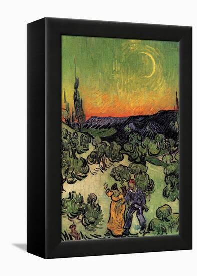 Landscape with Couple Walking and Crescent Moon-Vincent van Gogh-Framed Stretched Canvas