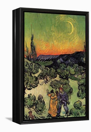 Landscape with Couple Walking and Crescent Moon-Vincent van Gogh-Framed Stretched Canvas