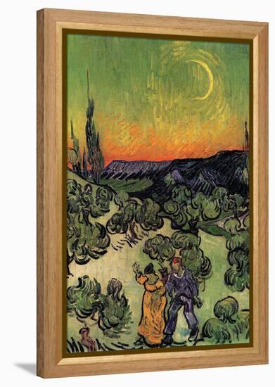 Landscape with Couple Walking and Crescent Moon-Vincent van Gogh-Framed Stretched Canvas