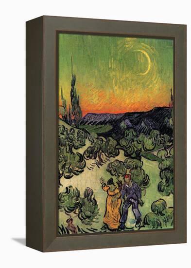 Landscape with Couple Walking and Crescent Moon-Vincent van Gogh-Framed Stretched Canvas