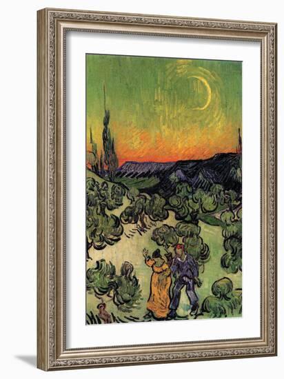 Landscape with Couple Walking and Crescent Moon-Vincent van Gogh-Framed Premium Giclee Print