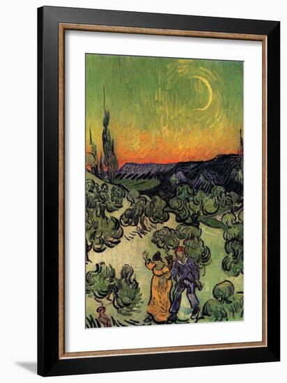 Landscape with Couple Walking and Crescent Moon-Vincent van Gogh-Framed Premium Giclee Print