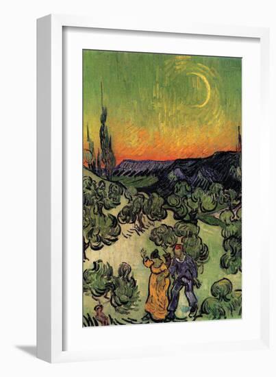 Landscape with Couple Walking and Crescent Moon-Vincent van Gogh-Framed Premium Giclee Print