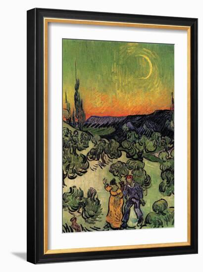 Landscape with Couple Walking and Crescent Moon-Vincent van Gogh-Framed Premium Giclee Print