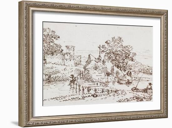 Landscape with Figures Fishing, Mid 17th Century-Francesco Allegrini-Framed Giclee Print