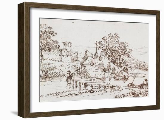 Landscape with Figures Fishing, Mid 17th Century-Francesco Allegrini-Framed Giclee Print