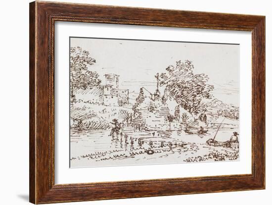 Landscape with Figures Fishing, Mid 17th Century-Francesco Allegrini-Framed Giclee Print