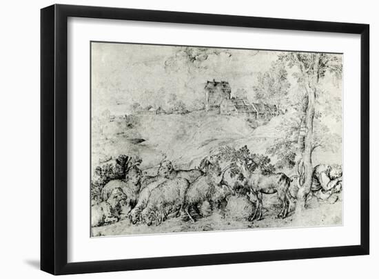 Landscape with Flock of Sheep, C1520-Titian (Tiziano Vecelli)-Framed Giclee Print