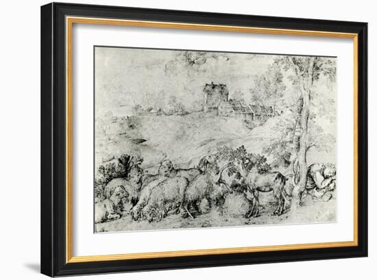 Landscape with Flock of Sheep, C1520-Titian (Tiziano Vecelli)-Framed Giclee Print