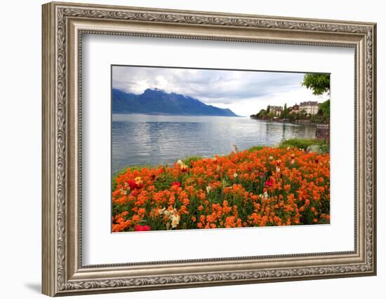 Landscape with Flowers and Lake Geneva, Montreux, Switzerland.-felker-Framed Photographic Print