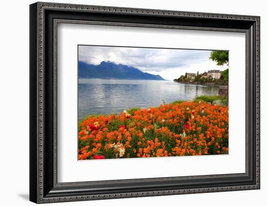 Landscape with Flowers and Lake Geneva, Montreux, Switzerland.-felker-Framed Photographic Print