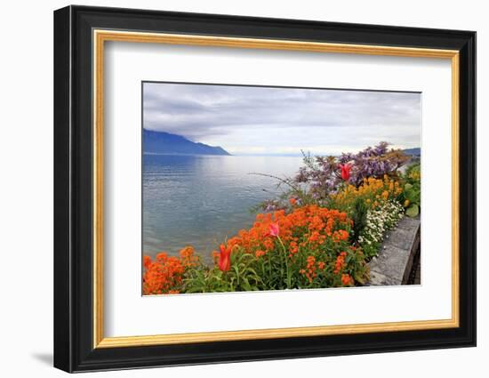 Landscape with Flowers and Lake Geneva, Montreux, Switzerland.-felker-Framed Photographic Print