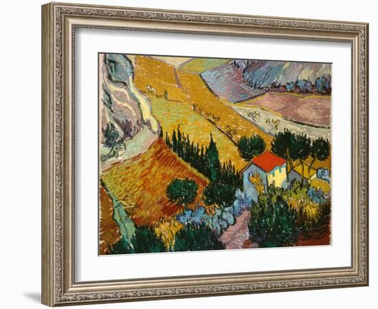 Landscape with House and Ploughman, 1889-Vincent van Gogh-Framed Giclee Print