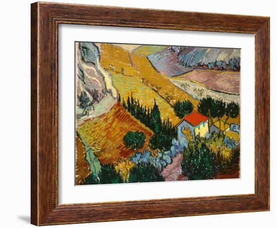 Landscape with House and Ploughman, 1889-Vincent van Gogh-Framed Giclee Print