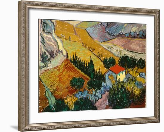 Landscape with House and Ploughman, 1889-Vincent van Gogh-Framed Giclee Print