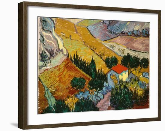 Landscape with House and Ploughman, 1889-Vincent van Gogh-Framed Giclee Print