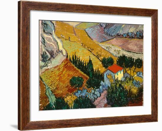 Landscape with House and Ploughman, 1889-Vincent van Gogh-Framed Giclee Print