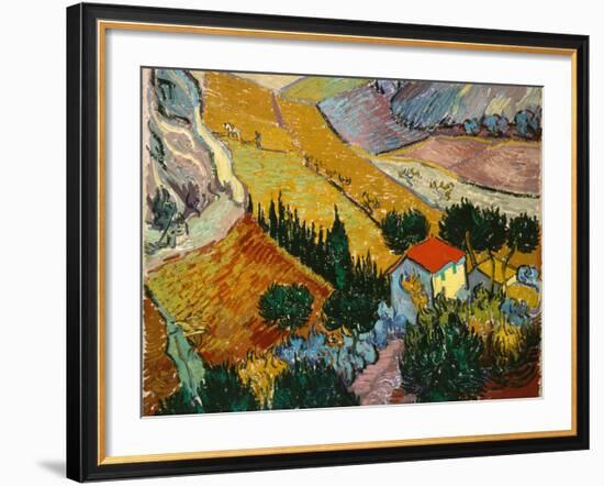 Landscape with House and Ploughman, 1889-Vincent van Gogh-Framed Giclee Print