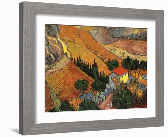 Landscape with House and Ploughman, 1889-Vincent van Gogh-Framed Giclee Print