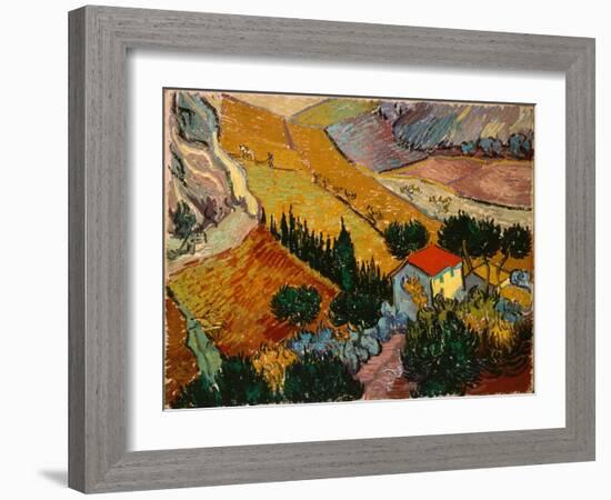 Landscape with House and Ploughman, 1889-Vincent van Gogh-Framed Giclee Print