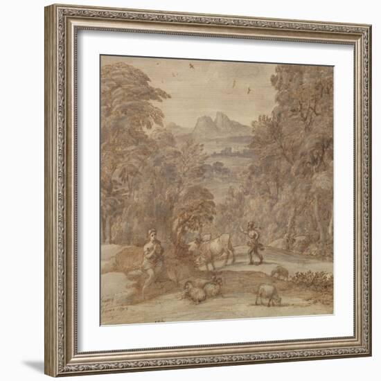 Landscape with Mercury and Apollo as a Shepherd, 1673 (Pen and Brown Tint, Grey Indian Ink Wash)-Claude Lorraine-Framed Giclee Print