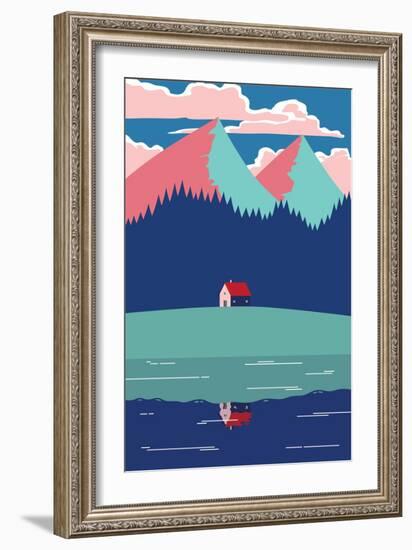 Landscape with Mountains, Trees, Clouds and a Country House Reflected in a Lake-Pedro Vila-Framed Premium Giclee Print