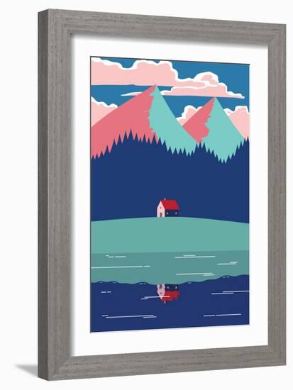 Landscape with Mountains, Trees, Clouds and a Country House Reflected in a Lake-Pedro Vila-Framed Premium Giclee Print