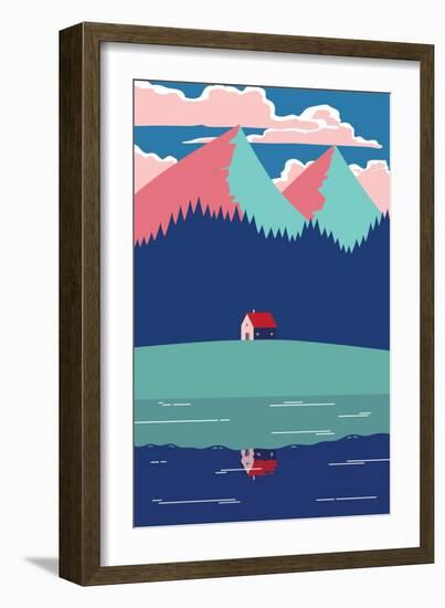 Landscape with Mountains, Trees, Clouds and a Country House Reflected in a Lake-Pedro Vila-Framed Premium Giclee Print