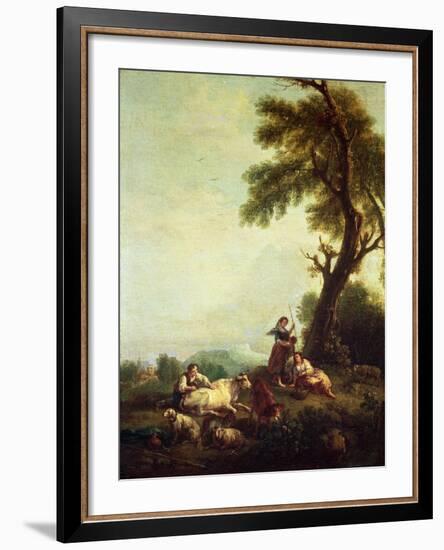 Landscape with Peasants Watching a Herd of Cattle-Francesco Zuccarelli-Framed Giclee Print