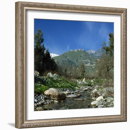 Landscape with River and Church and Fortress on a Hill in the Background at Mistras, Greece, Europe-Tony Gervis-Framed Photographic Print