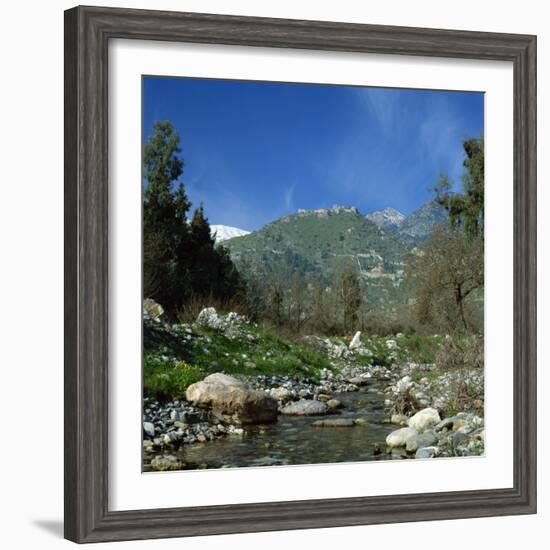 Landscape with River and Church and Fortress on a Hill in the Background at Mistras, Greece, Europe-Tony Gervis-Framed Photographic Print