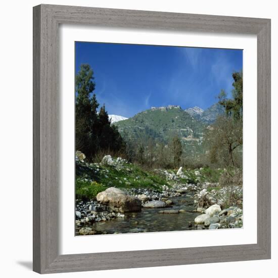 Landscape with River and Church and Fortress on a Hill in the Background at Mistras, Greece, Europe-Tony Gervis-Framed Photographic Print