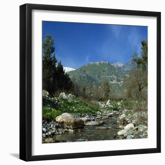 Landscape with River and Church and Fortress on a Hill in the Background at Mistras, Greece, Europe-Tony Gervis-Framed Photographic Print