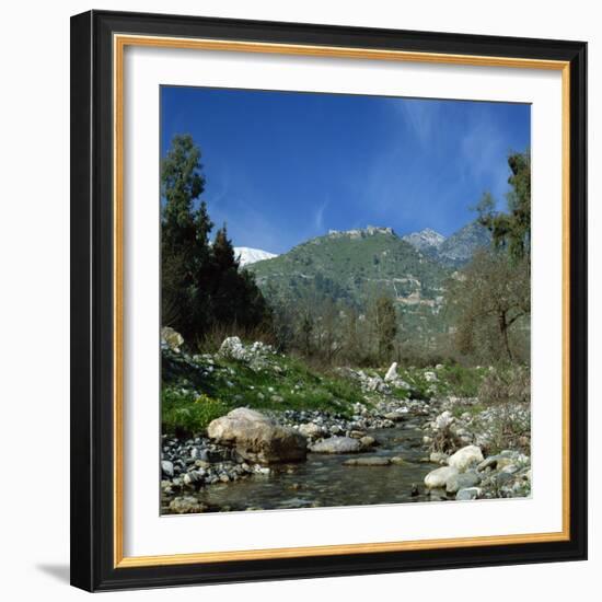 Landscape with River and Church and Fortress on a Hill in the Background at Mistras, Greece, Europe-Tony Gervis-Framed Photographic Print