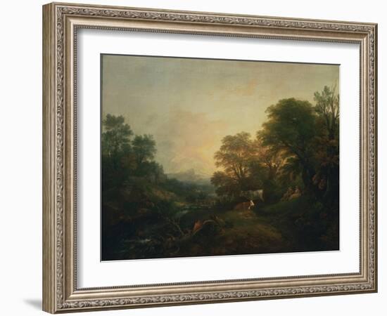 Landscape with Rustic Lovers, Two Cows and a Man on a Distant Bridge, C.1755-59 (Oil on Canvas)-Thomas Gainsborough-Framed Giclee Print