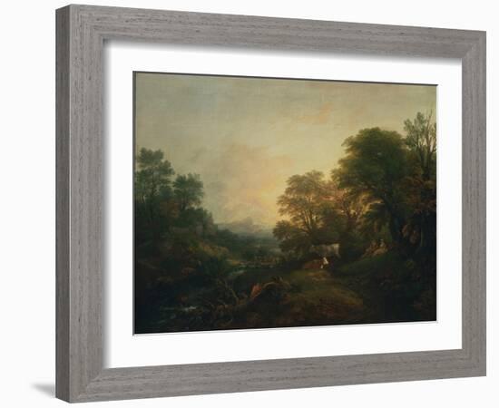 Landscape with Rustic Lovers, Two Cows and a Man on a Distant Bridge, C.1755-59 (Oil on Canvas)-Thomas Gainsborough-Framed Giclee Print