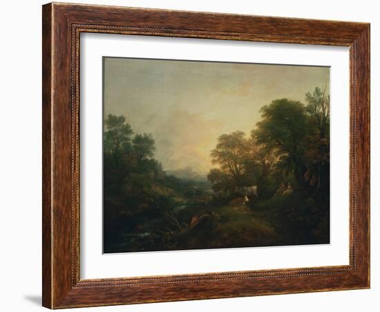 Landscape with Rustic Lovers, Two Cows and a Man on a Distant Bridge, C.1755-59 (Oil on Canvas)-Thomas Gainsborough-Framed Giclee Print