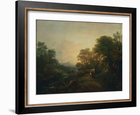 Landscape with Rustic Lovers, Two Cows and a Man on a Distant Bridge, C.1755-59 (Oil on Canvas)-Thomas Gainsborough-Framed Giclee Print