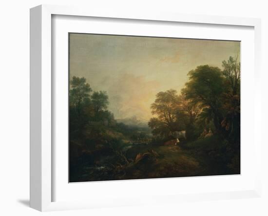 Landscape with Rustic Lovers, Two Cows and a Man on a Distant Bridge, C.1755-59 (Oil on Canvas)-Thomas Gainsborough-Framed Giclee Print