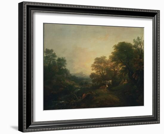 Landscape with Rustic Lovers, Two Cows and a Man on a Distant Bridge, C.1755-59 (Oil on Canvas)-Thomas Gainsborough-Framed Giclee Print