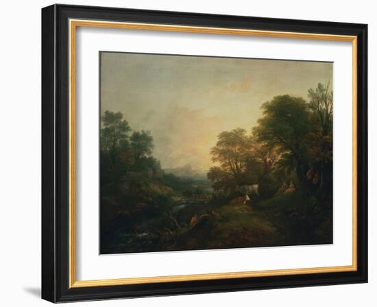 Landscape with Rustic Lovers, Two Cows and a Man on a Distant Bridge, C.1755-59 (Oil on Canvas)-Thomas Gainsborough-Framed Giclee Print