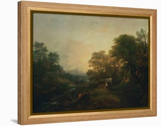 Landscape with Rustic Lovers, Two Cows and a Man on a Distant Bridge, C.1755-59 (Oil on Canvas)-Thomas Gainsborough-Framed Premier Image Canvas