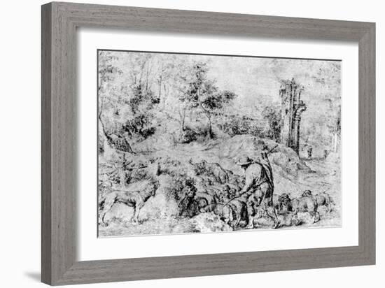 Landscape with Shepherd and Flock, C1520-Titian (Tiziano Vecelli)-Framed Giclee Print