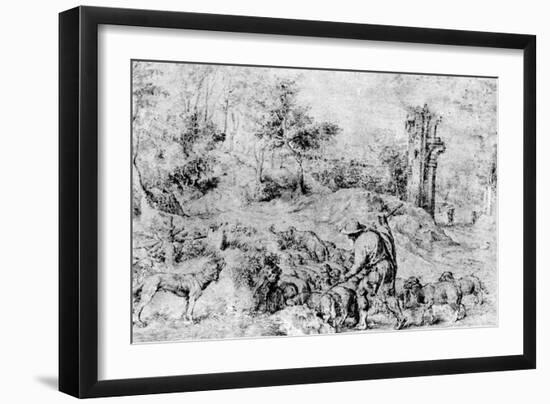 Landscape with Shepherd and Flock, C1520-Titian (Tiziano Vecelli)-Framed Giclee Print