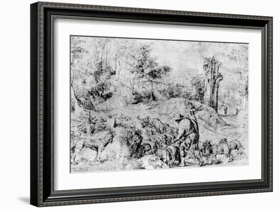 Landscape with Shepherd and Flock, C1520-Titian (Tiziano Vecelli)-Framed Giclee Print